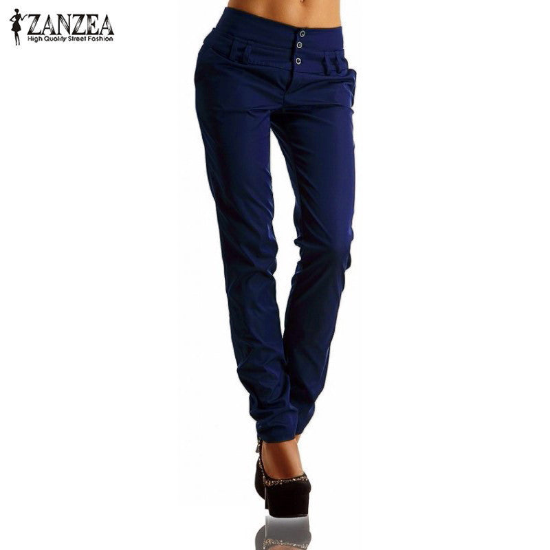 ZANZEA Women Pants 2016 Autumn High Waist Buttons Zipper Solid Long Trousers Casual Slim Pencil Pants Fashion Capris