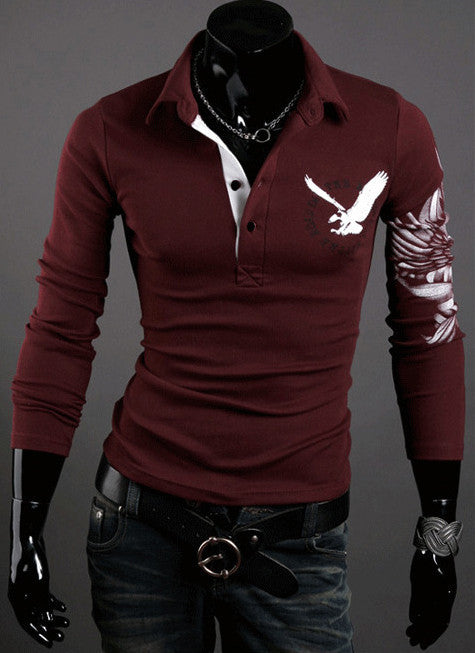 New brand T Shirt Men's long Sleeve T Shirt Slim Fit Fashion Eagle Printed on the back t-shirt plus XXXL Black White Wine Red