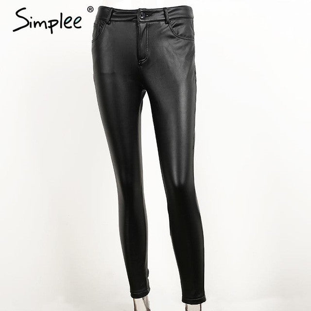 Simplee Slim leather women pants capris leggings Autumn winter sexy high waist pants trousers Black pencil pants female bottom