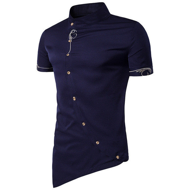2017 Summer Fashion Shirts Mens Stand Collar Irregular Embroidery Casual Shirt Buttons Front Slim Fit Men Formal Dress Shirt Top