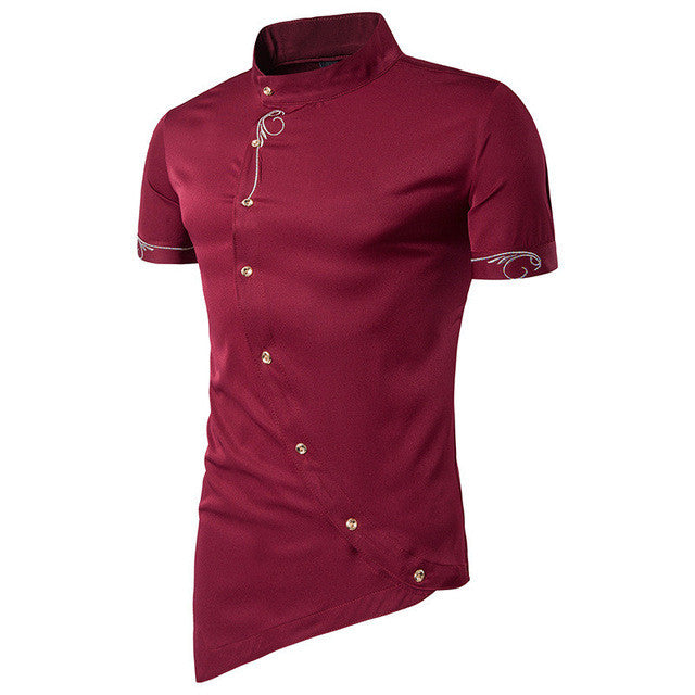 2017 Summer Fashion Shirts Mens Stand Collar Irregular Embroidery Casual Shirt Buttons Front Slim Fit Men Formal Dress Shirt Top