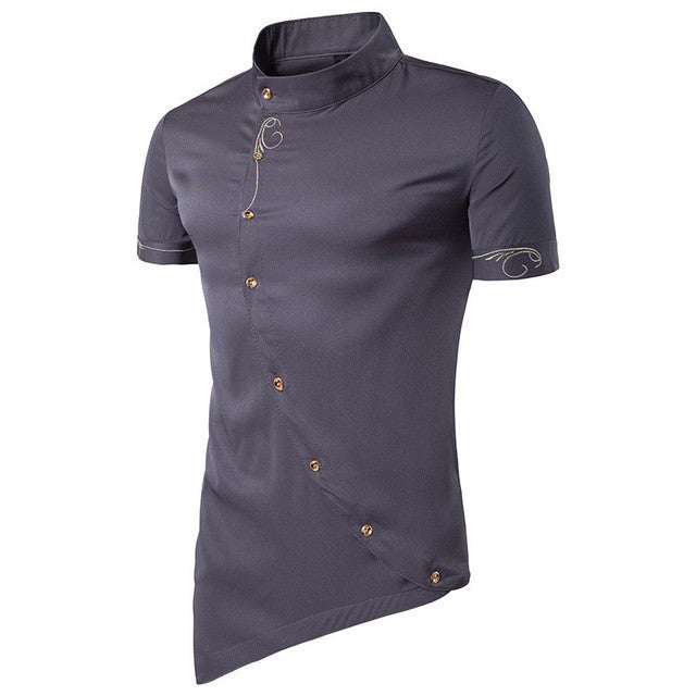 2017 Summer Fashion Shirts Mens Stand Collar Irregular Embroidery Casual Shirt Buttons Front Slim Fit Men Formal Dress Shirt Top