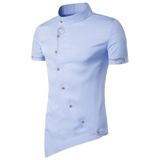 2017 Summer Fashion Shirts Mens Stand Collar Irregular Embroidery Casual Shirt Buttons Front Slim Fit Men Formal Dress Shirt Top
