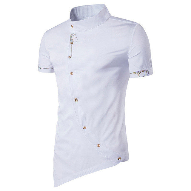 2017 Summer Fashion Shirts Mens Stand Collar Irregular Embroidery Casual Shirt Buttons Front Slim Fit Men Formal Dress Shirt Top