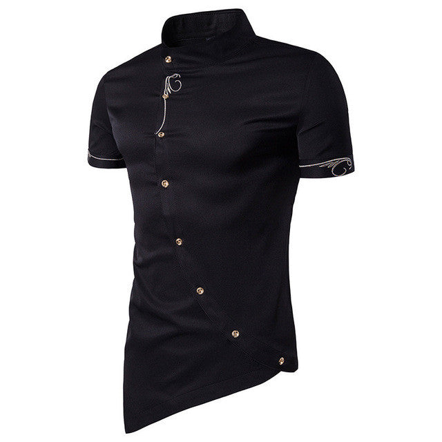 2017 Summer Fashion Shirts Mens Stand Collar Irregular Embroidery Casual Shirt Buttons Front Slim Fit Men Formal Dress Shirt Top