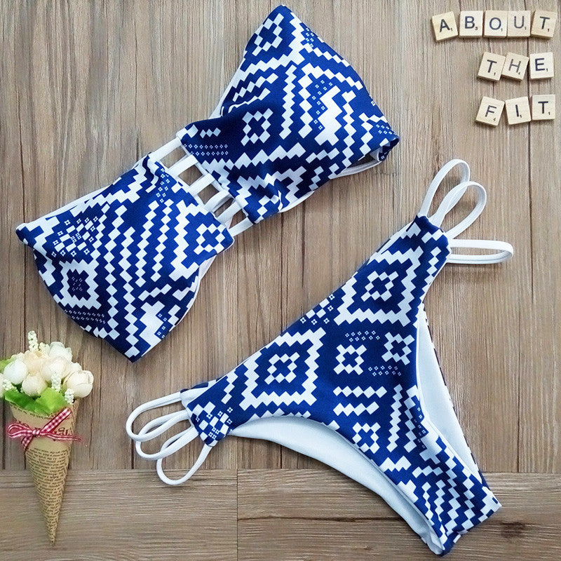 2016 Women Bandeau Bikini Reversible Swimsuit Strappy Swimwear Biquini Trikini BeachWear Swimming  Bathing Suit Bikinis Set