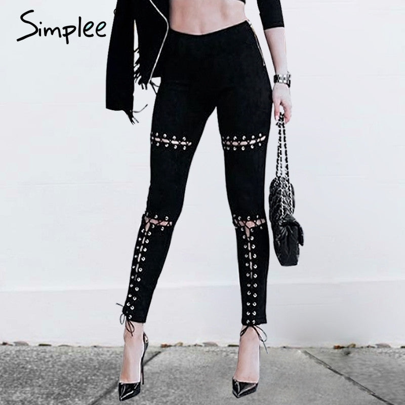 Simplee Suede bodycon high waist pants capris leggings Lace up burr hole sexy trousers women Black pencil pants female bottom