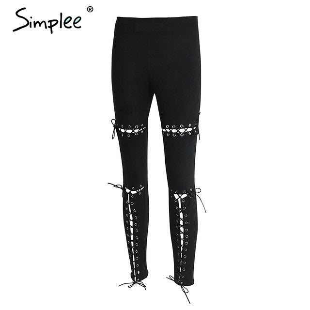 Simplee Suede bodycon high waist pants capris leggings Lace up burr hole sexy trousers women Black pencil pants female bottom