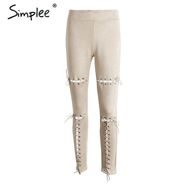 Simplee Suede bodycon high waist pants capris leggings Lace up burr hole sexy trousers women Black pencil pants female bottom