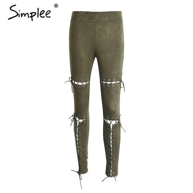 Simplee Suede bodycon high waist pants capris leggings Lace up burr hole sexy trousers women Black pencil pants female bottom