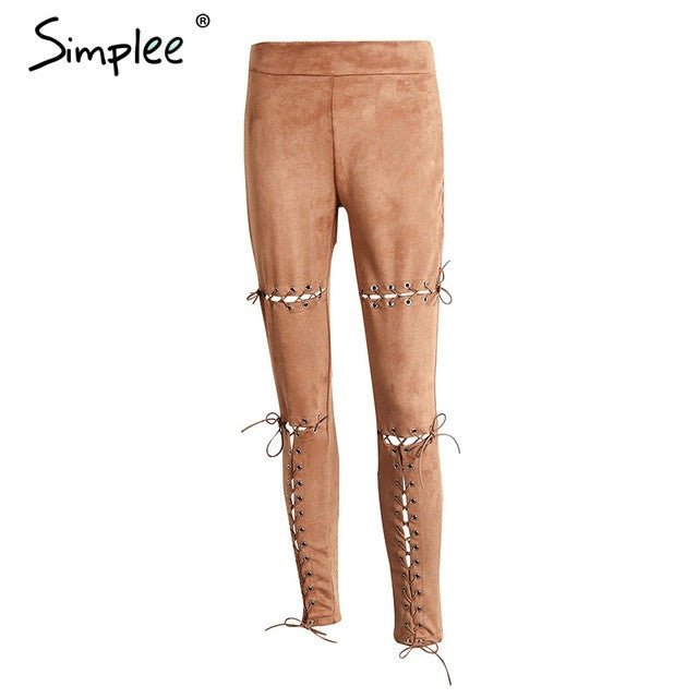 Simplee Suede bodycon high waist pants capris leggings Lace up burr hole sexy trousers women Black pencil pants female bottom