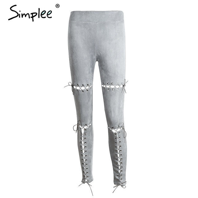 Simplee Suede bodycon high waist pants capris leggings Lace up burr hole sexy trousers women Black pencil pants female bottom