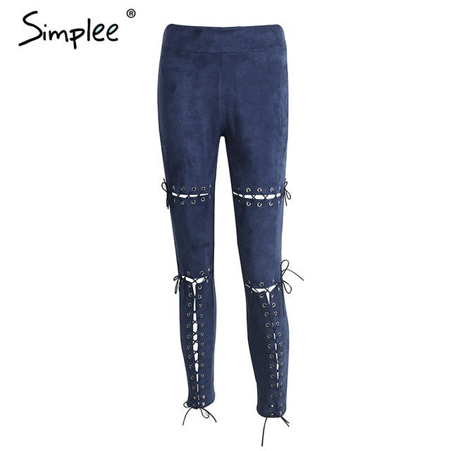 Simplee Suede bodycon high waist pants capris leggings Lace up burr hole sexy trousers women Black pencil pants female bottom