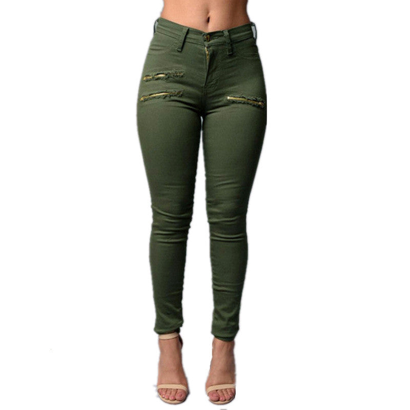 New Arrival Stylish Women High Waist Sexy Skinny Pencil Pants Ladies Ripped Zipper Long Trousers Casual Solid Pant Capris