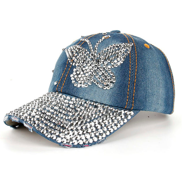 High Quality Women Men Butterfly Denim Rhinestone Baseball Cap Snapback Hip Hop Flat Hat casquette de marque