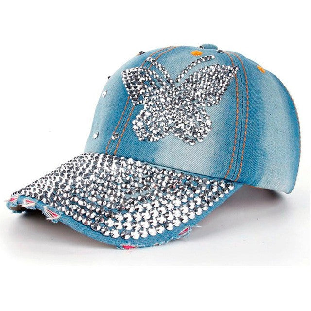 High Quality Women Men Butterfly Denim Rhinestone Baseball Cap Snapback Hip Hop Flat Hat casquette de marque