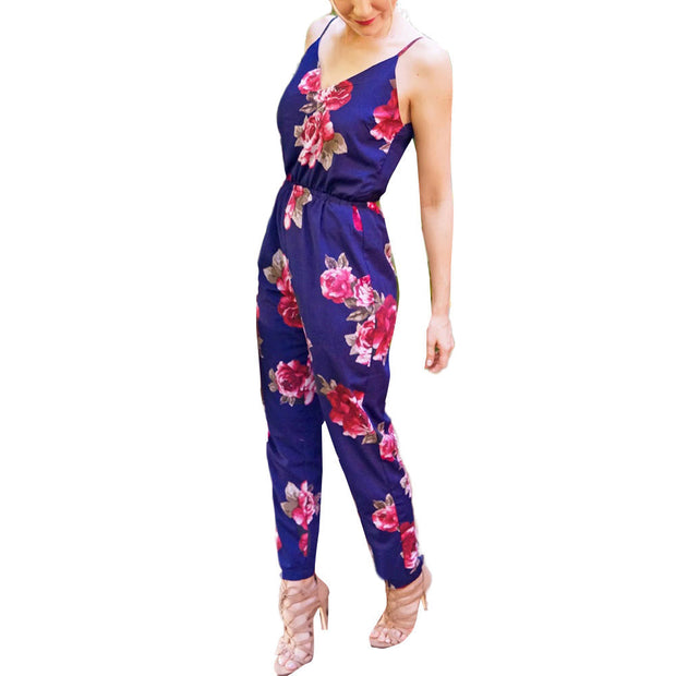 Flower Print Jumpsuit Women Ladies for Summer Sexy V-neck Sleeveless Loose rompers womens jumpsuit Overalls Plus Size