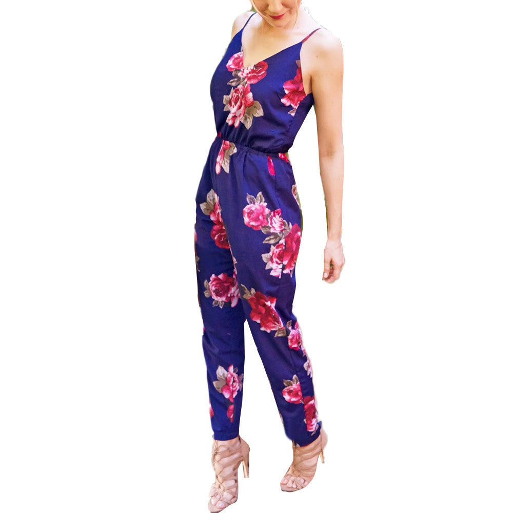 Flower Print Jumpsuit Women Ladies for Summer Sexy V-neck Sleeveless Loose rompers womens jumpsuit Overalls Plus Size