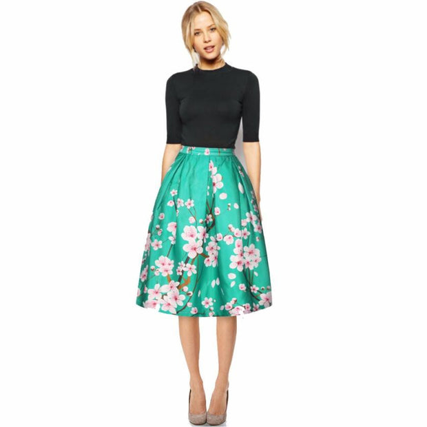 Floral Printed Women Skirts 2016 High Waist Skirt Women Pleated Saias Midi Skirt  Women Clothes A-Line Vintage Skirt #LSW