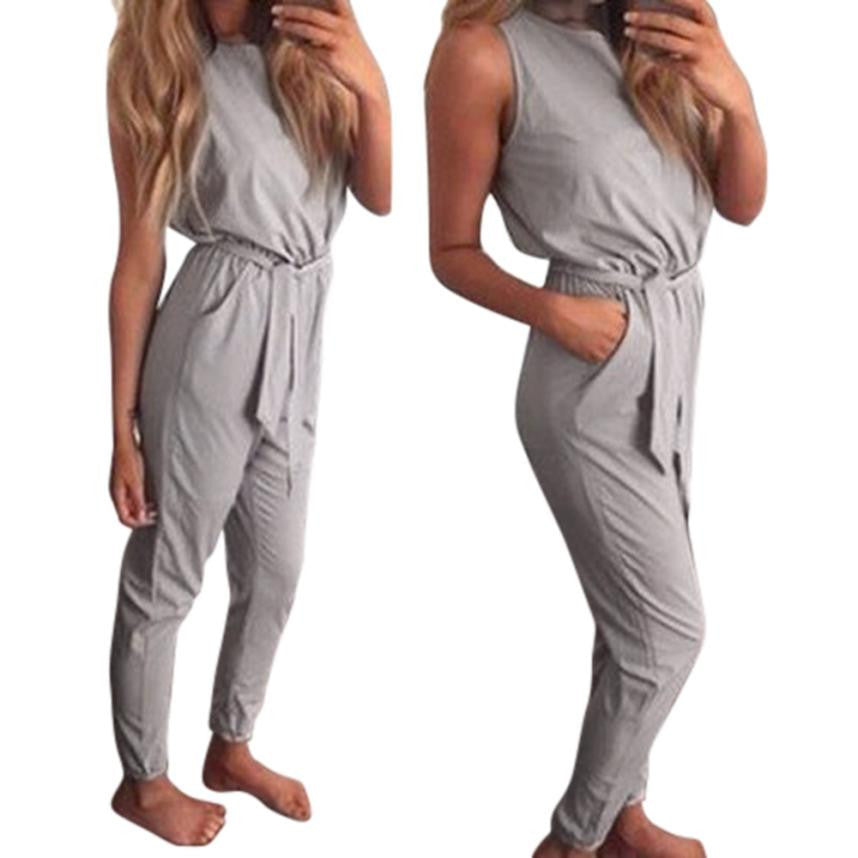 Casual New Style 2017 Solid Color Romper Playsuit Sleeveless Cotton Gray Slim Evening Party Playsuit Ladies Long Jumpsuit