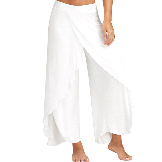 2017 Womens Low Waist Wide Leg Bloomers Pants High Split Flouncing Casual Summer Loose Long Trousers Harem Capris Palazzo