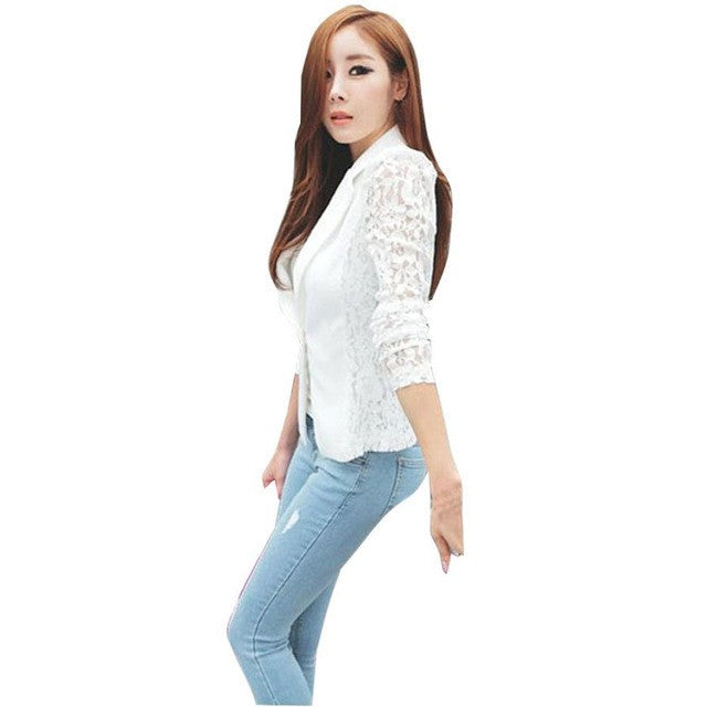 Sexy Coat  Women Lace Small Suit Jacket Stitching Long Sleeve Crochet Small Black White Jacket Plus Size #LSW