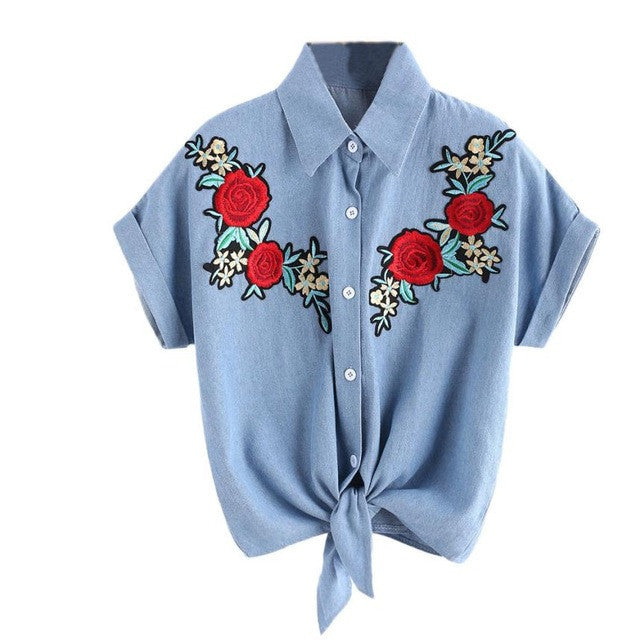 Rose Flower Embroidery Womens Blouse 2017 Summer Short Sleeve Denim Blue Shirt Turn-down Collar Cowboy blouses