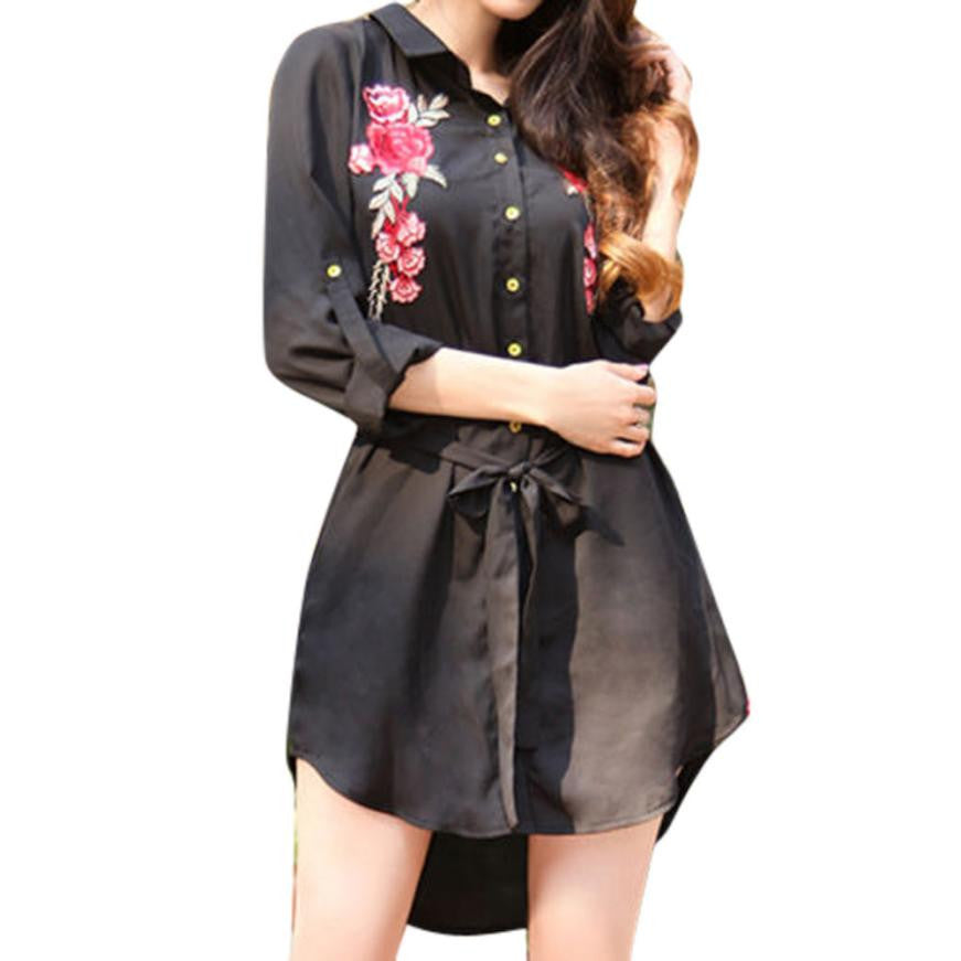 2017 Summer Women Embroidery Floral Chiffon Dress Casual Long Sleeve V-Neck Mini Shirt Dress Tops Shirt high waist vestidos