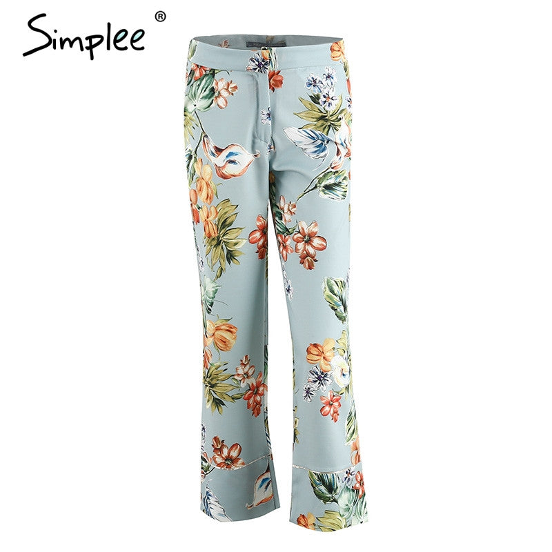 Simplee Elegant floral print casual pants capri trousers Zipper loose female pants women bottoms Summer pocket fashion pants new