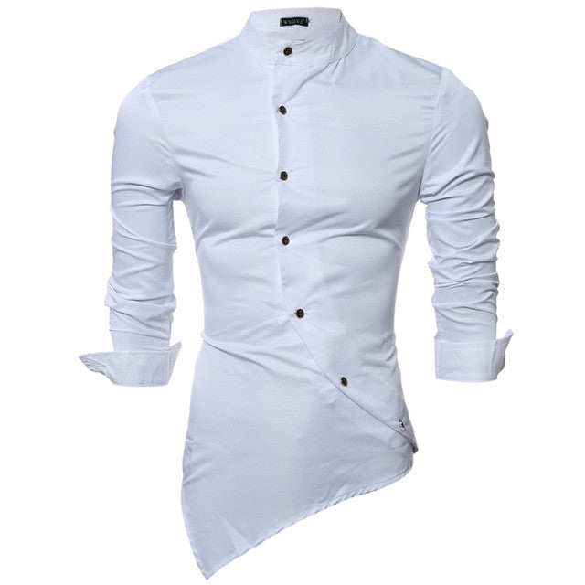 2017 Autumn Stylish Men Shirts Brand New Male Stand Collar Long Sleeve Asymmetrical Hem Slim Fit Solid Shirt Camiseta Plus Size