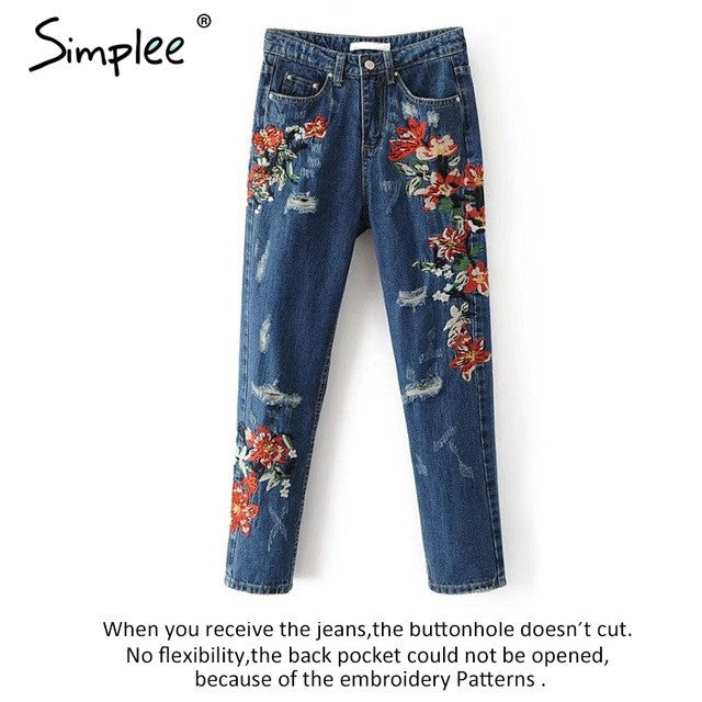 Simplee Vintage flower embroidery high waist jeans female Pocket straight jeans women bottom Light blue hole casual pants capris