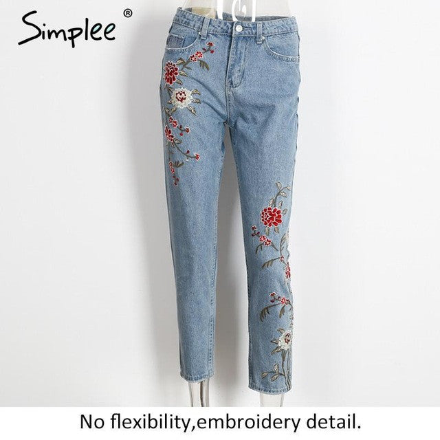 Simplee Vintage flower embroidery jeans female Pockets straight jeans women bottom Light blue casual pants capris summer 2017